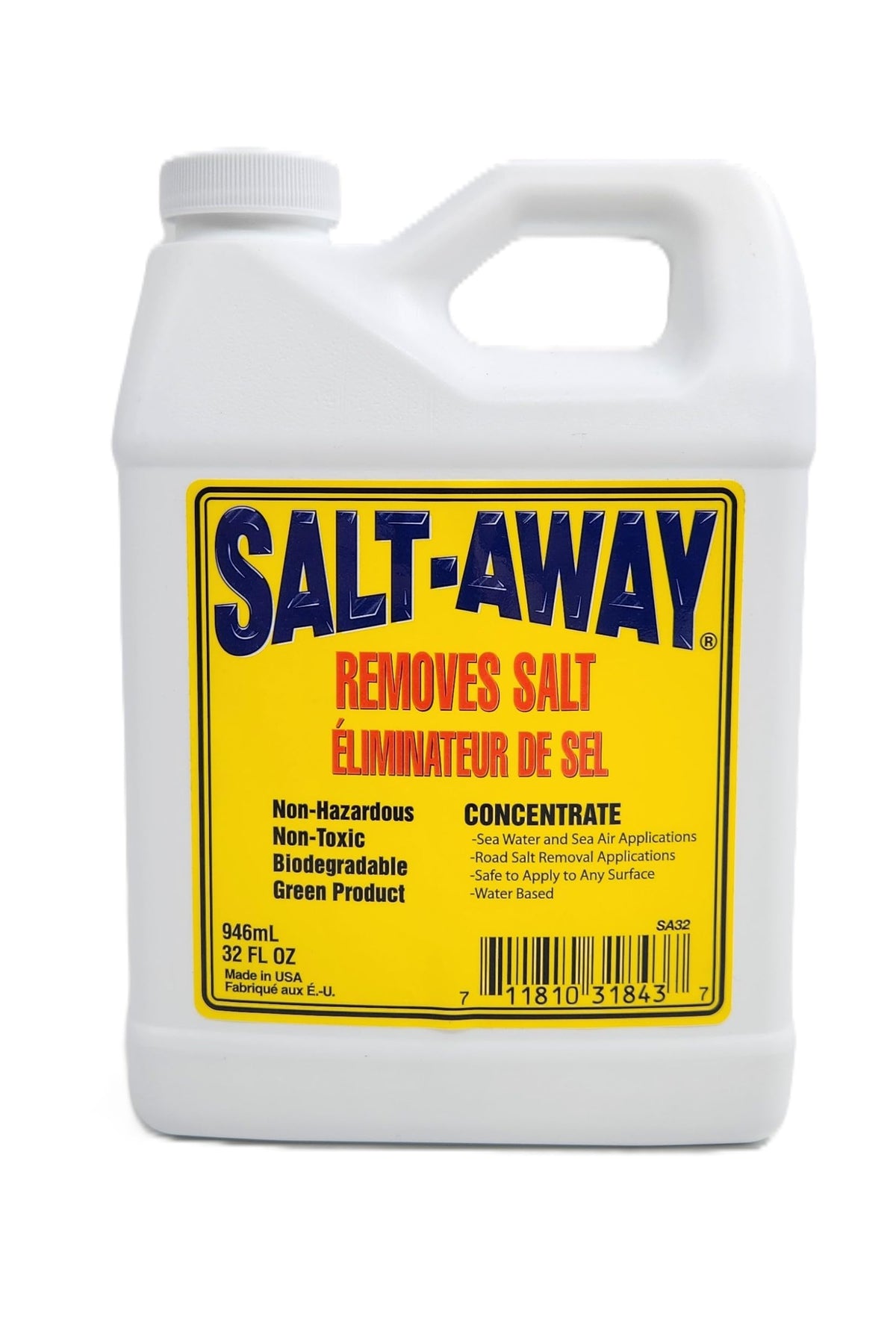Salt-Away Concentrate Quart bottle close-up, highlighting salt removal on marine gear.