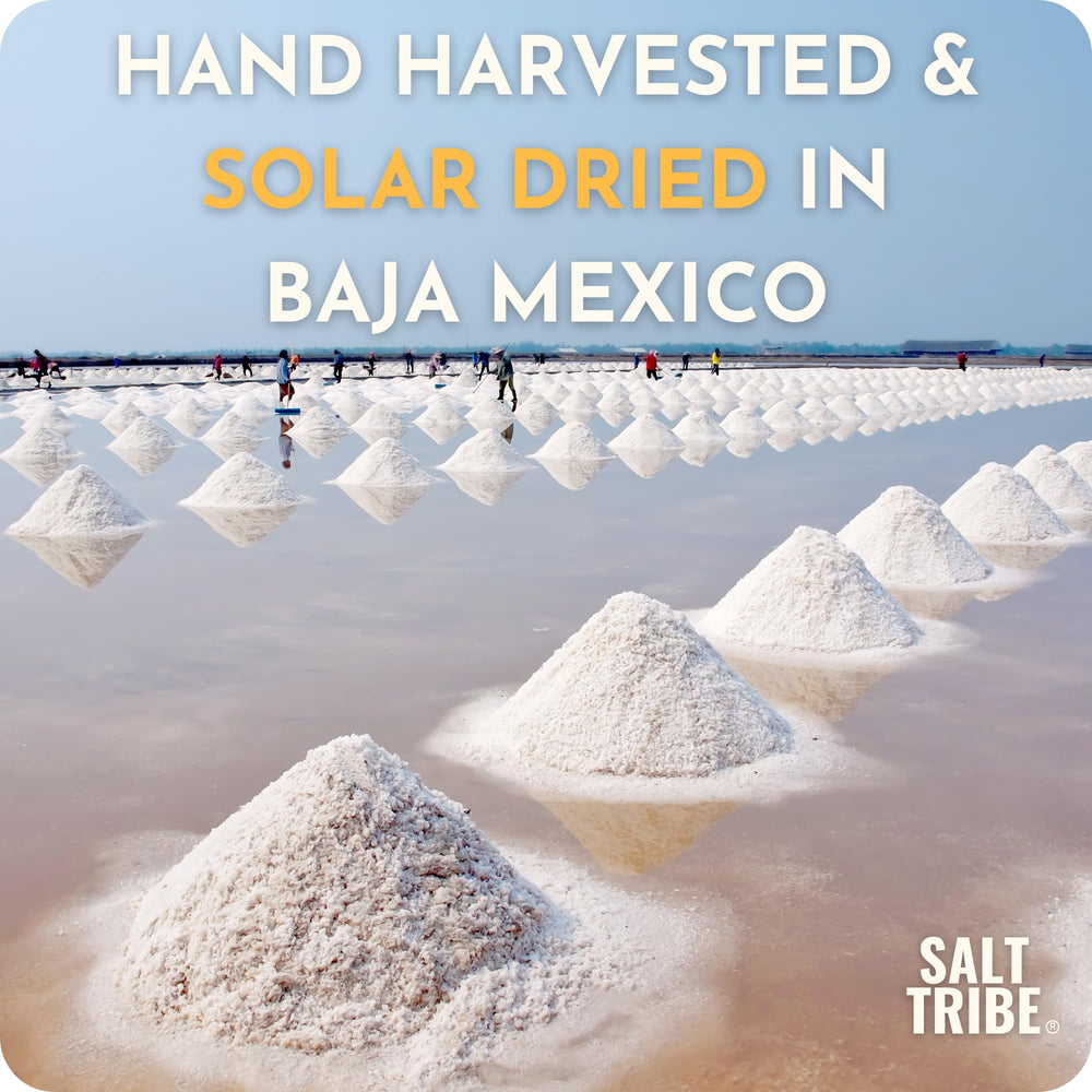 Salt Tribe Baja Sea Salt on a kitchen counter ready for cooking.