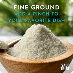 Salt Tribe fine-ground-grey-salt emphasizes delicate texture and even seasoning.
