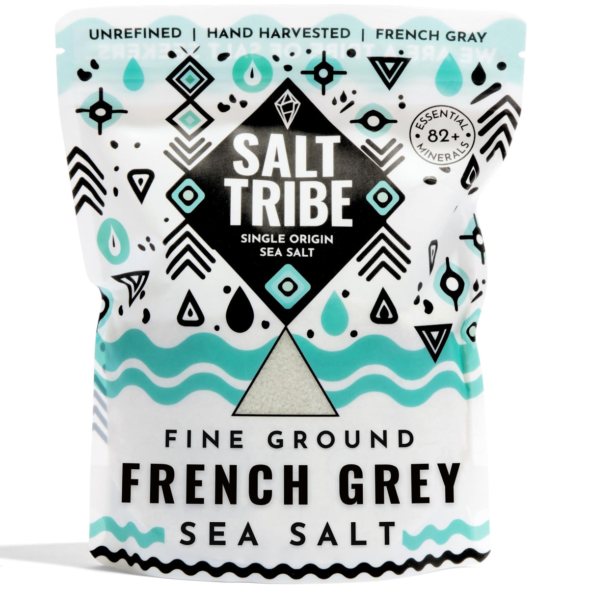 Salt Tribe French Grey Sea Salt bag highlights hand-harvested flavor for gourmet dishes.