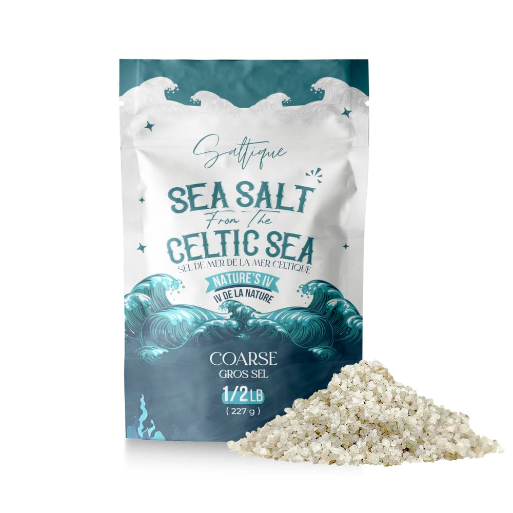 Saltique packaging for French Grey Sea Salt in a 1/2 lb pouch, ideal for gourmet use.