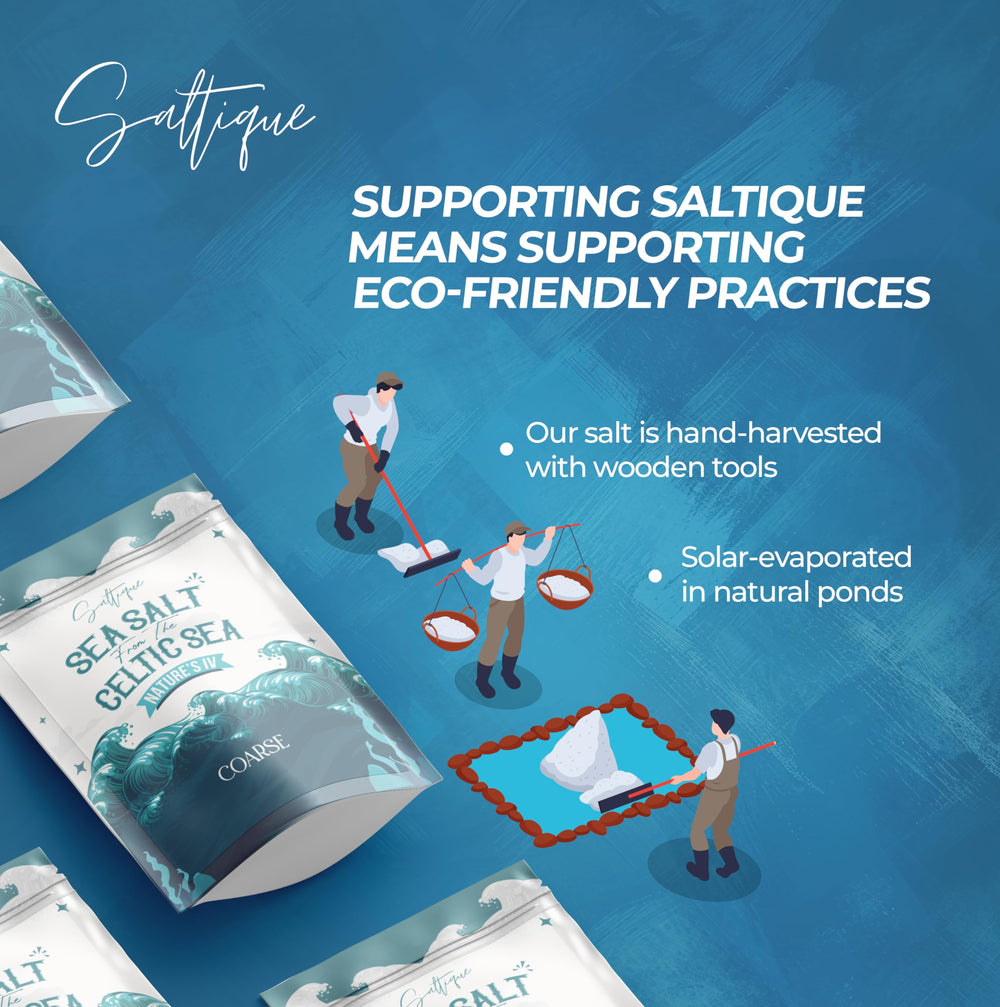 Saltique natural grey clay color visible in salt granules and unrefined character.