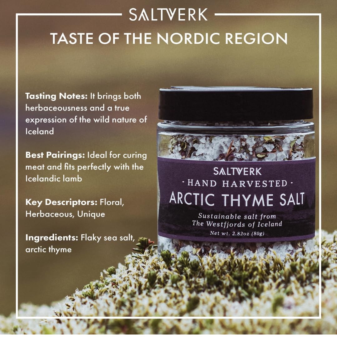 Saltverk Arctic Thyme aroma swirls, suggesting herbaceous notes to elevate roasts.