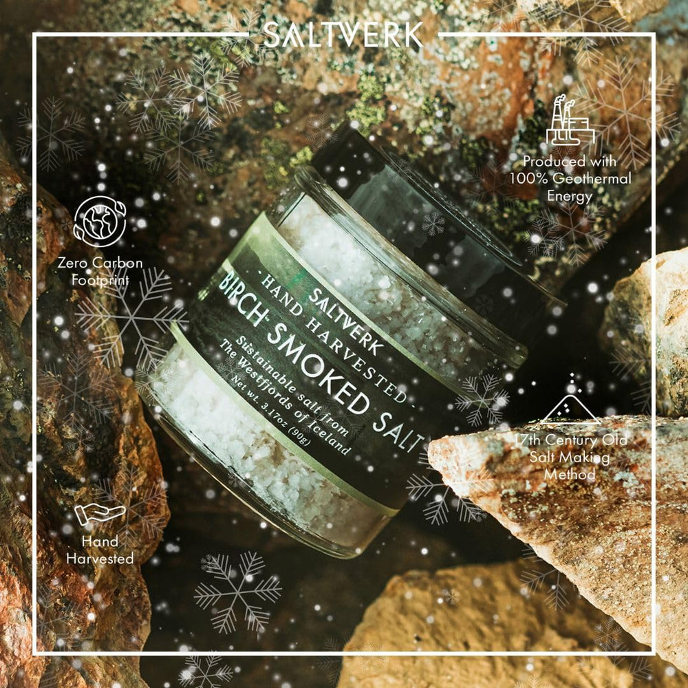 Saltverk birch smoked sea salt pouring over food, elevating taste.