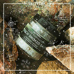 Saltverk birch smoked sea salt pouring over food, elevating taste.