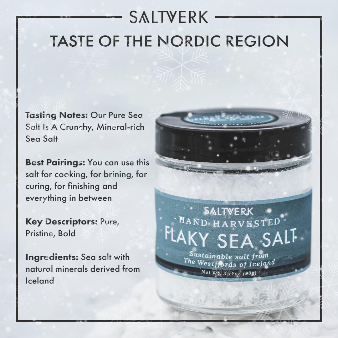 Saltverk Icelandic sea salt pack highlights premium flakes for seasoning and brining.