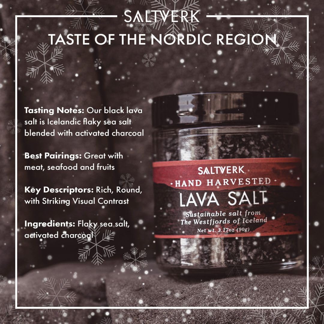 Saltverk Lava Salt closeup shows activated charcoal blend and glossy flakes.