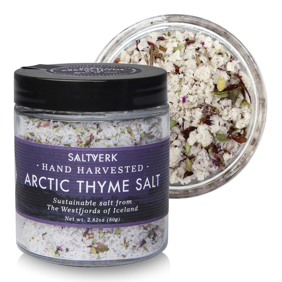 Saltverk Sea Salt Arctic Thyme flakes closeup shows premium texture for finishing dishes.