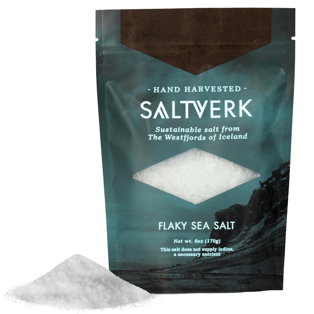 Saltverk sea salt flakes packaging highlights premium finishing salt for recipes