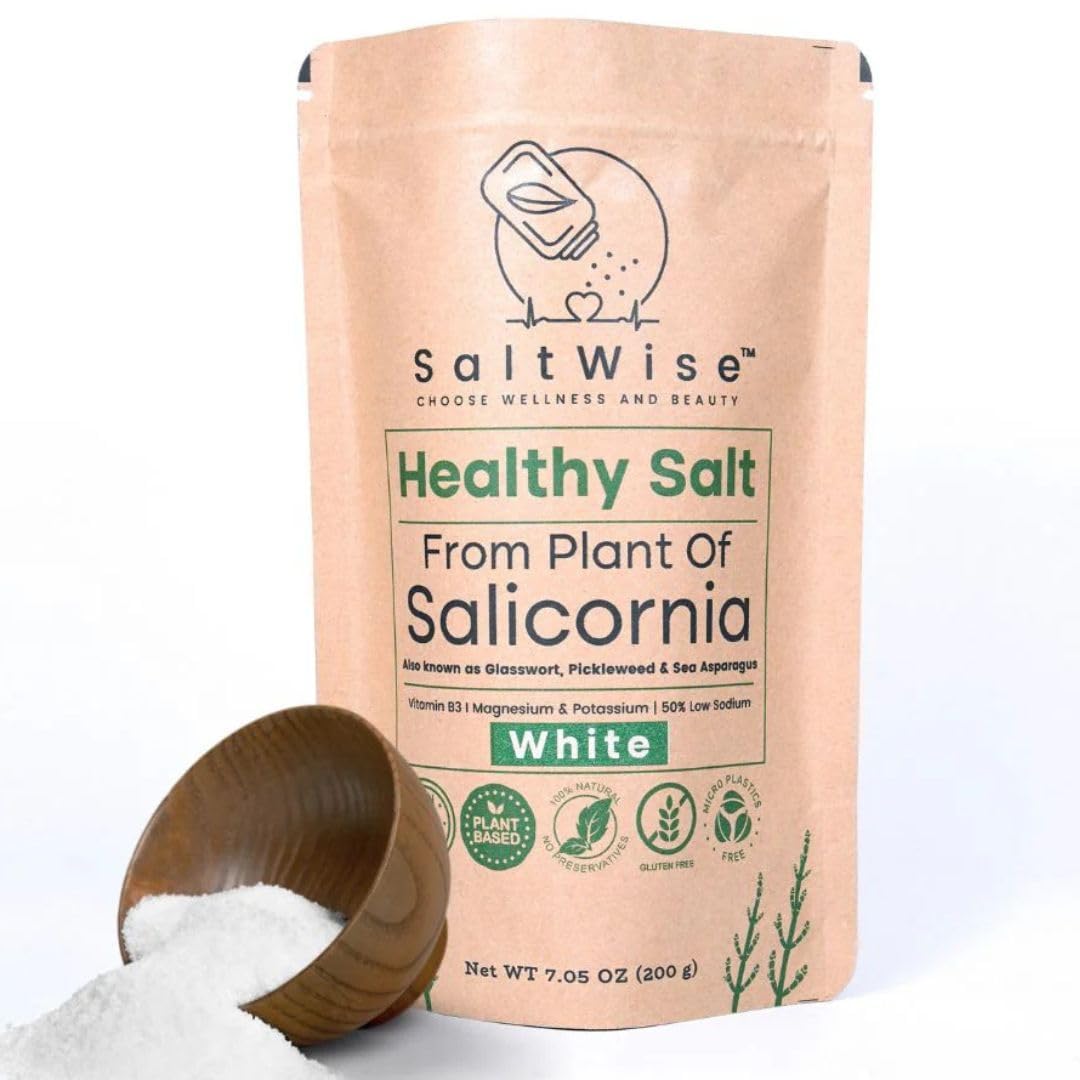 SaltWise Salicornia White Salt bottle-front, plant-based seasoning with lower sodium.