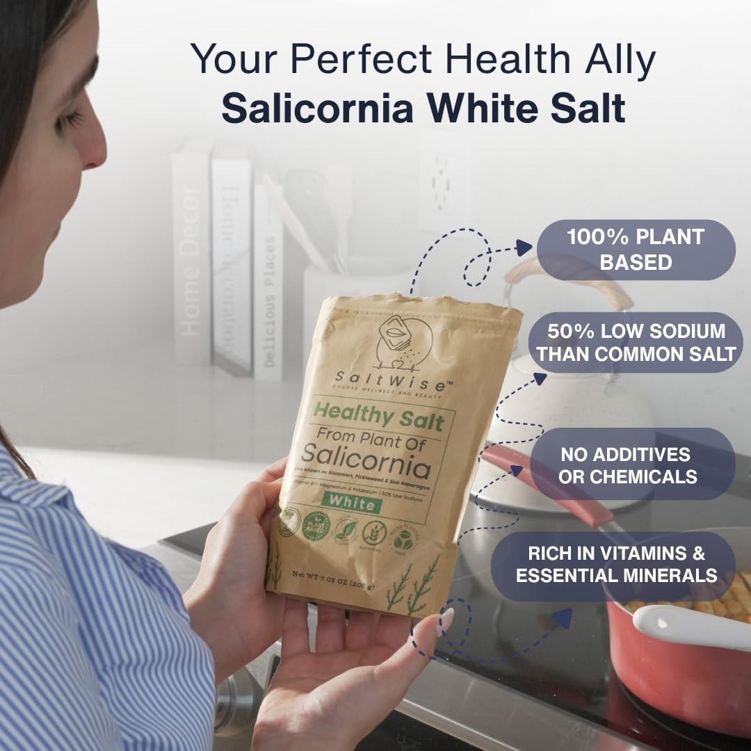 SaltWise Salicornia White Salt packaging with kosher certification, vegan and natural.