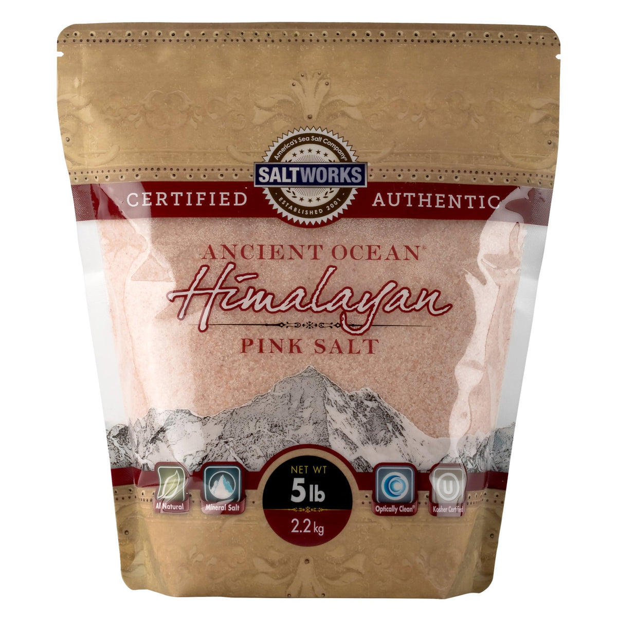 SaltWorks Ancient Ocean Himalayan Pink Salt fine grain bag ideal for cooking and baths.
