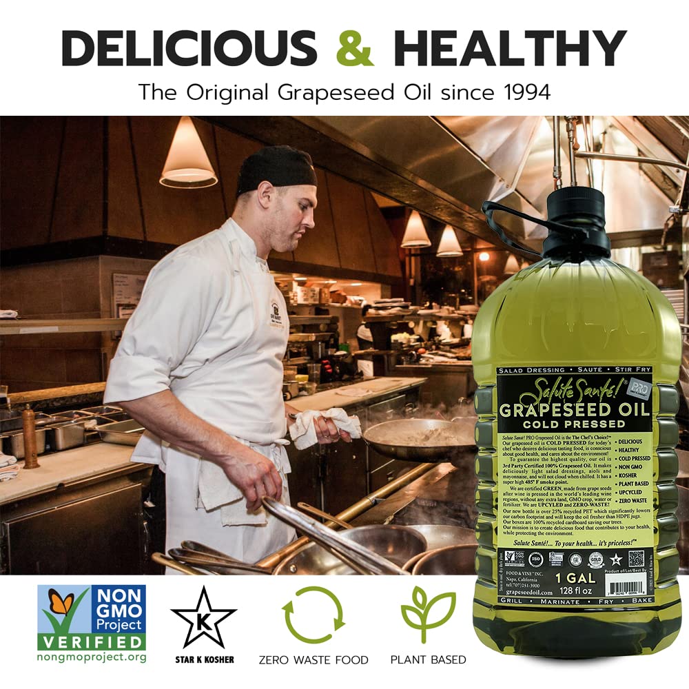 Salute Santé grapeseed oil bottle close-up label—pure, cold-pressed quality.