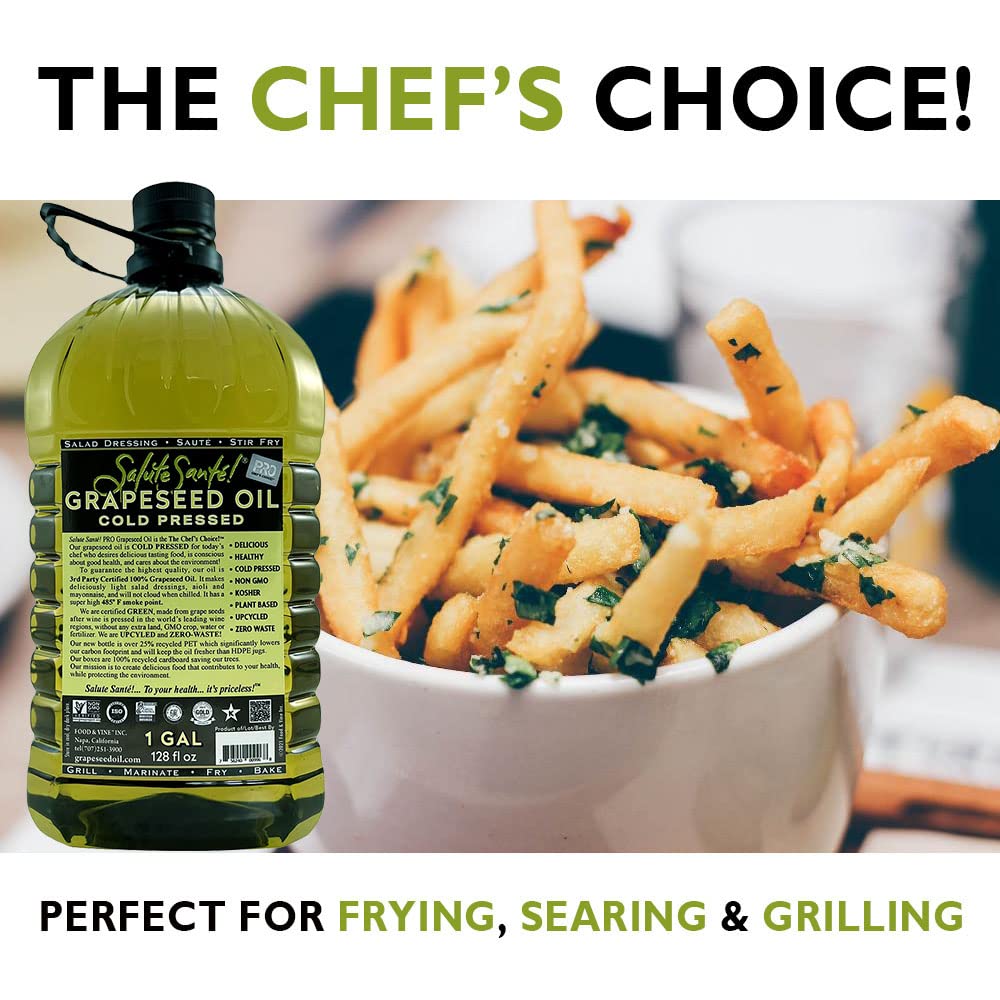 Salute Santé grapeseed oil kitchen setup—versatile for frying, sautéing, and baking.