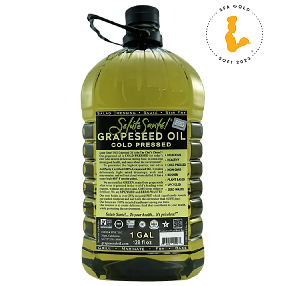 Salute Santé grapeseed oil kosher-certified, non-GMO label.