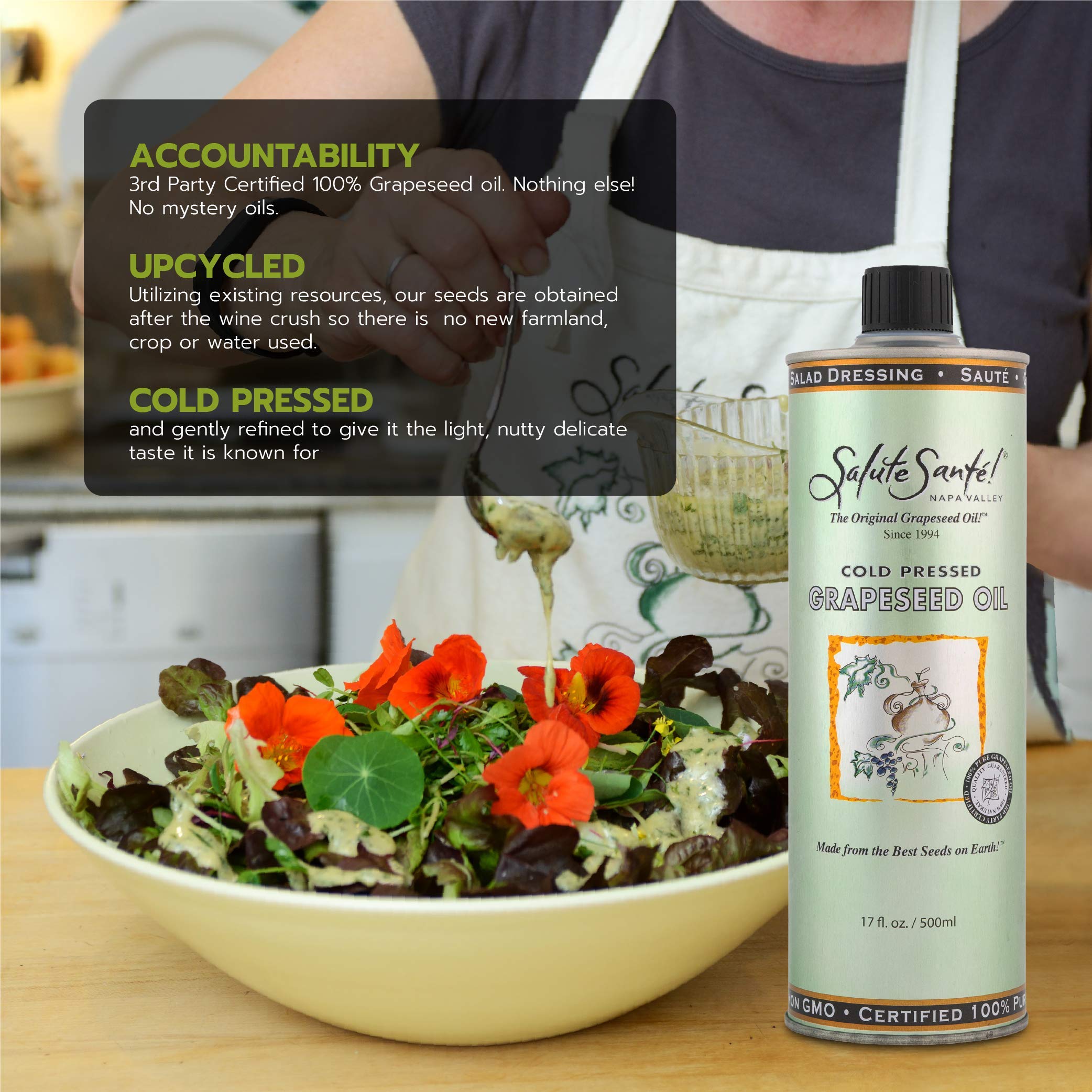Salute Santé grapeseed oil in baking dish for even roasting