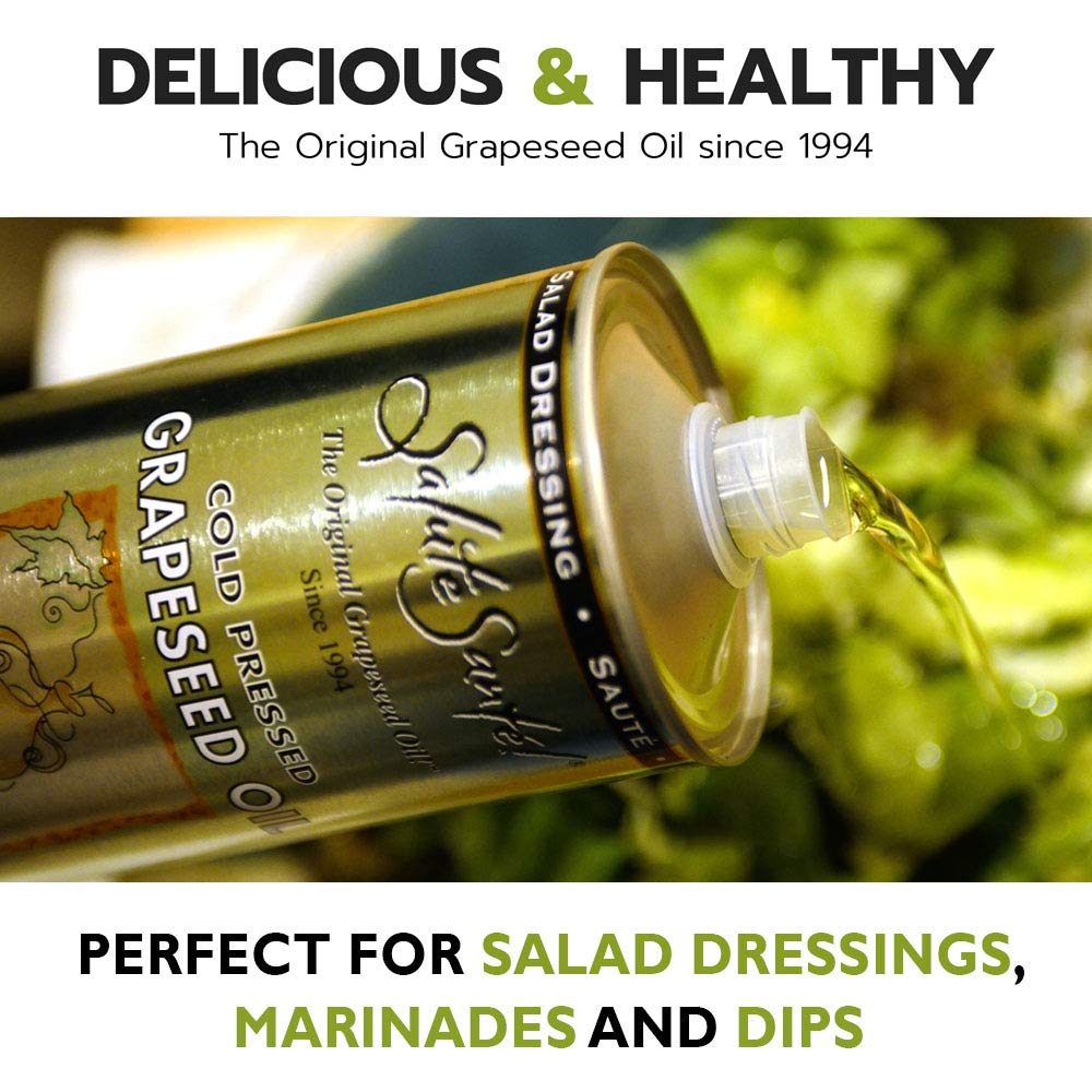 Salute Santé grapeseed oil drizzle over salad for light dressing option