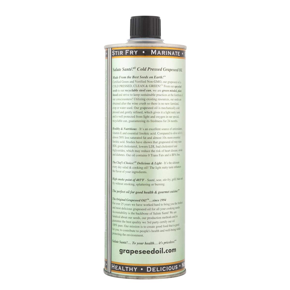 Salute Santé grapeseed oil label closeup emphasizing clarity and quality