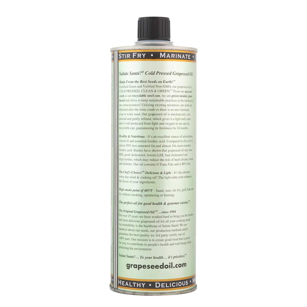Salute Santé grapeseed oil label closeup emphasizing clarity and quality