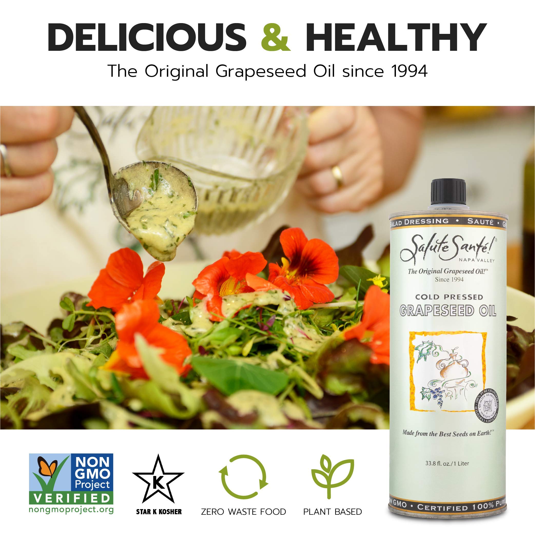 Salute Santé grapeseed oil being poured for high heat cooking versatility