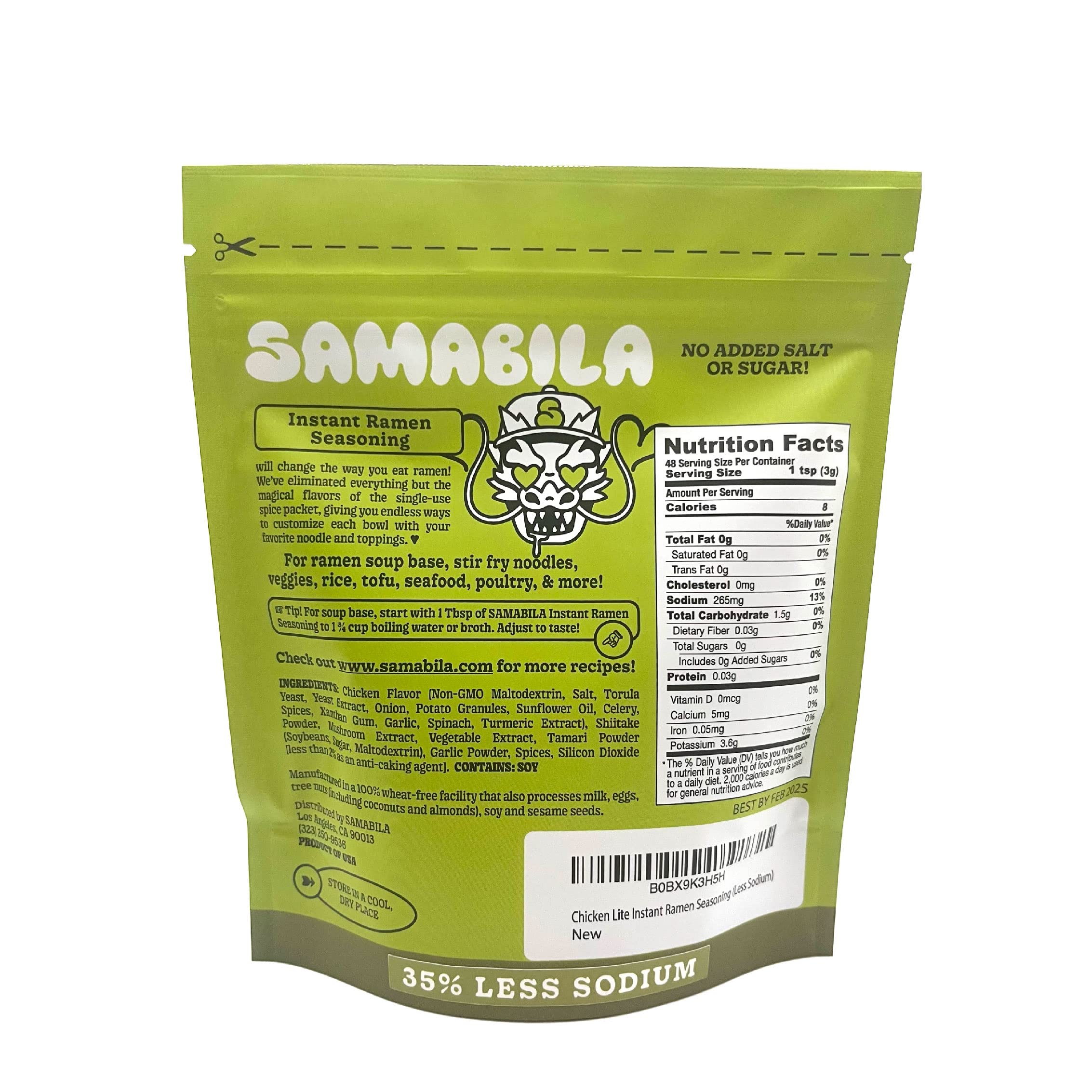 SAMABILA Chicken Lite pouch open with seasoning powder ready to whisk into noodles.