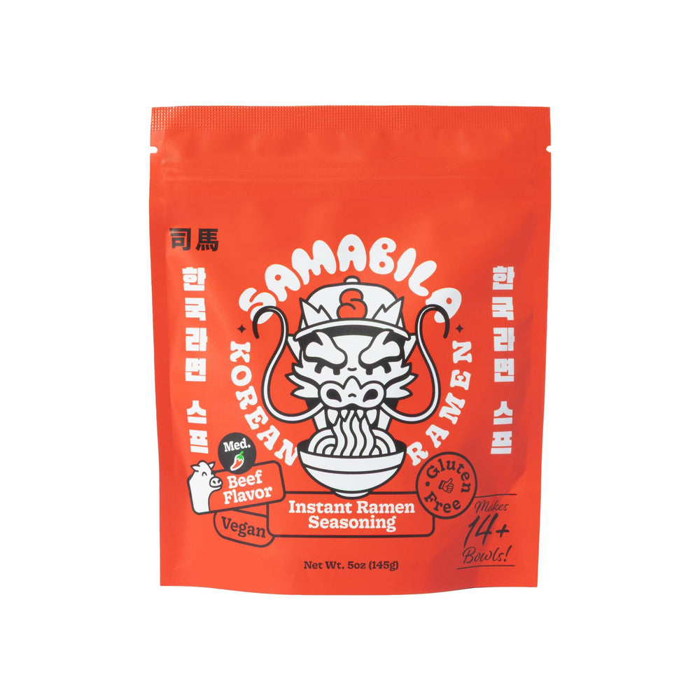 SAMABILA Korean Beef Ramen Seasoning in packaging highlights premium flavor and gluten-free credentials