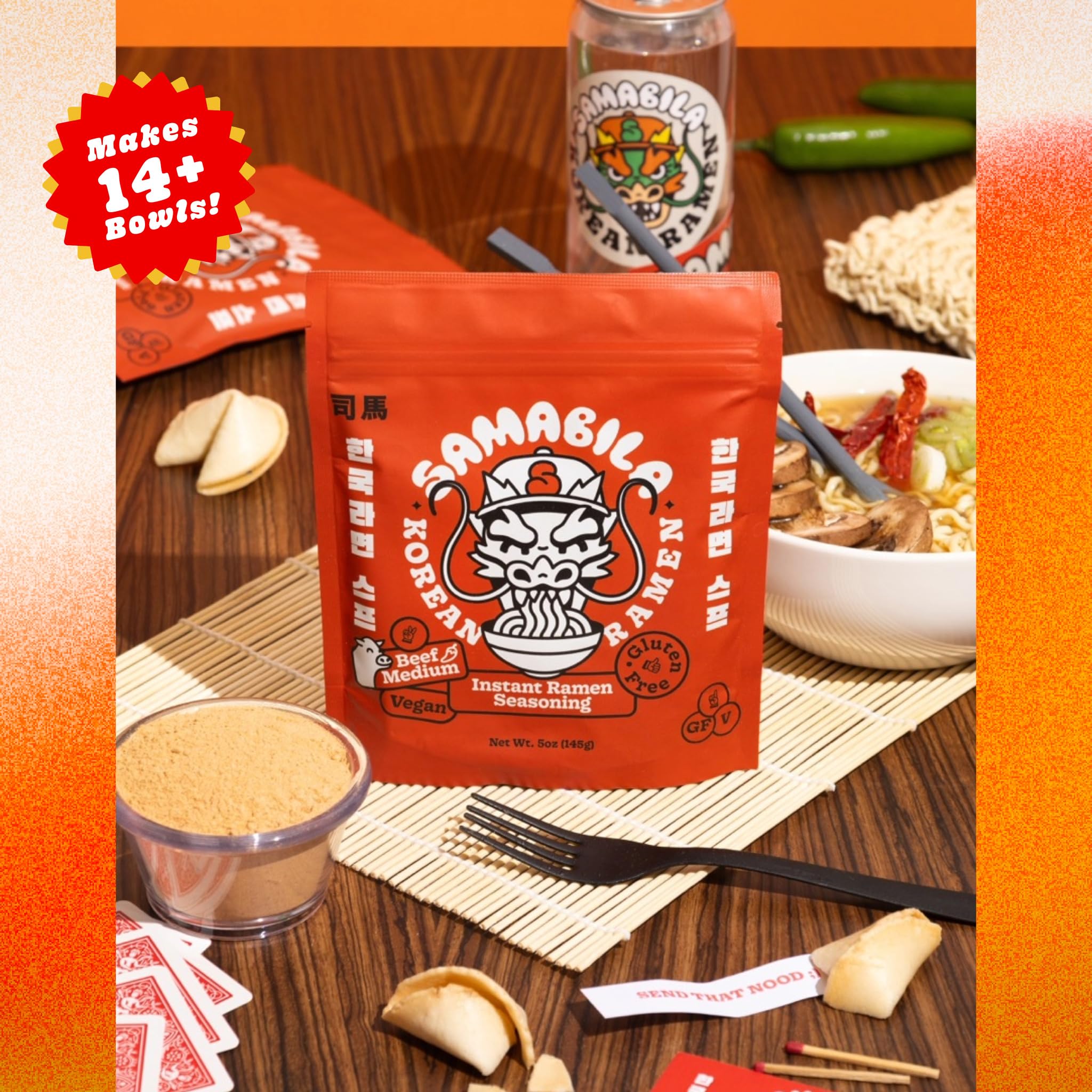 Re-sealable pouch keeps SAMABILA seasoning fresh for quick ramen prep