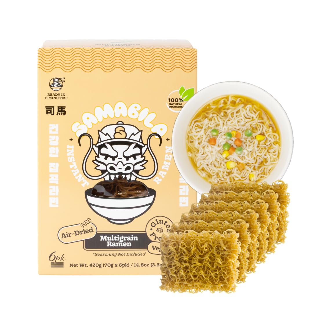 SAMABILA Multigrain Ramen six-pack on shelf for quick meals.