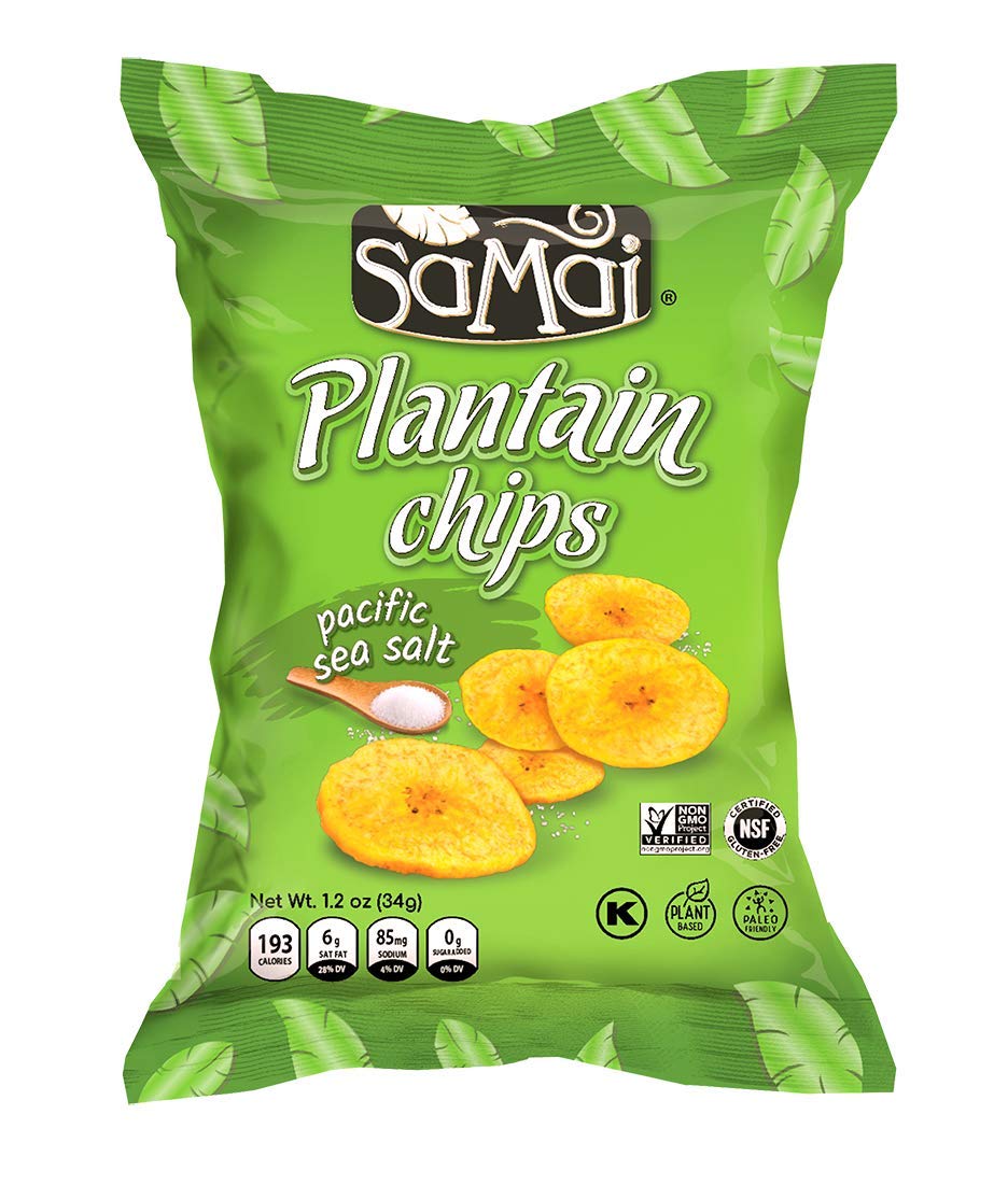 Samai Pacific Sea Salt Plantain Chips bag close-up, gluten-free and all-natural.
