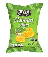 Samai Pacific Sea Salt Plantain Chips bag close-up, gluten-free and all-natural.