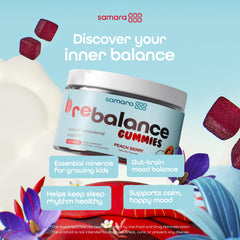 Samara 888 saffron kids gummies bottle side view highlighting gentle mood-support formula.