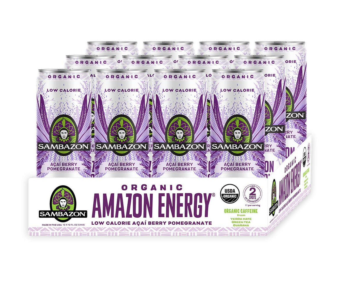 Sambazon Amazon Energy Drink bottle shows low-calorie, plant-based energy for daily activity.