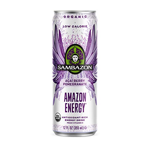 Sambazon Amazon Energy Drink label closeup shows organic, vegan, and fair trade credentials.