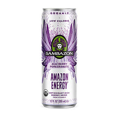 Sambazon Amazon Energy Drink label closeup shows organic, vegan, and fair trade credentials.