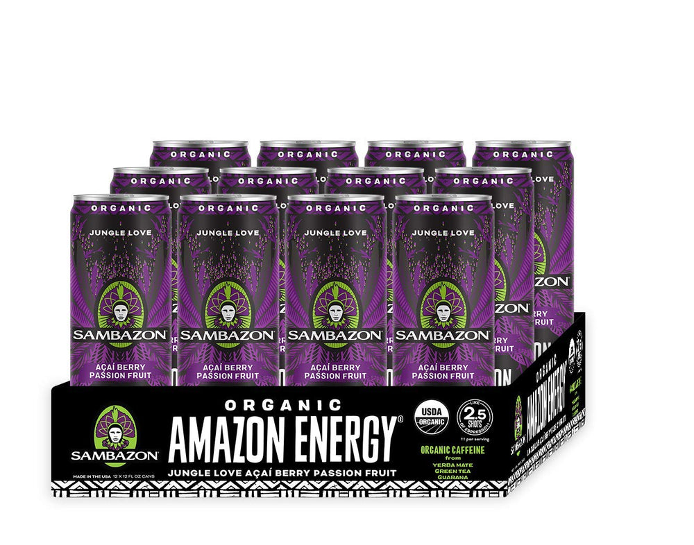 Sambazon Jungle Love front can shows acai berry and passionfruit flavor for natural energy.