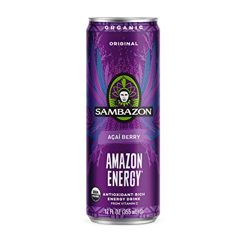 Infographic-style image showing Sambazon energy ingredients and plant-based caffeine sources.