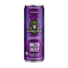 Infographic-style image showing Sambazon energy ingredients and plant-based caffeine sources.