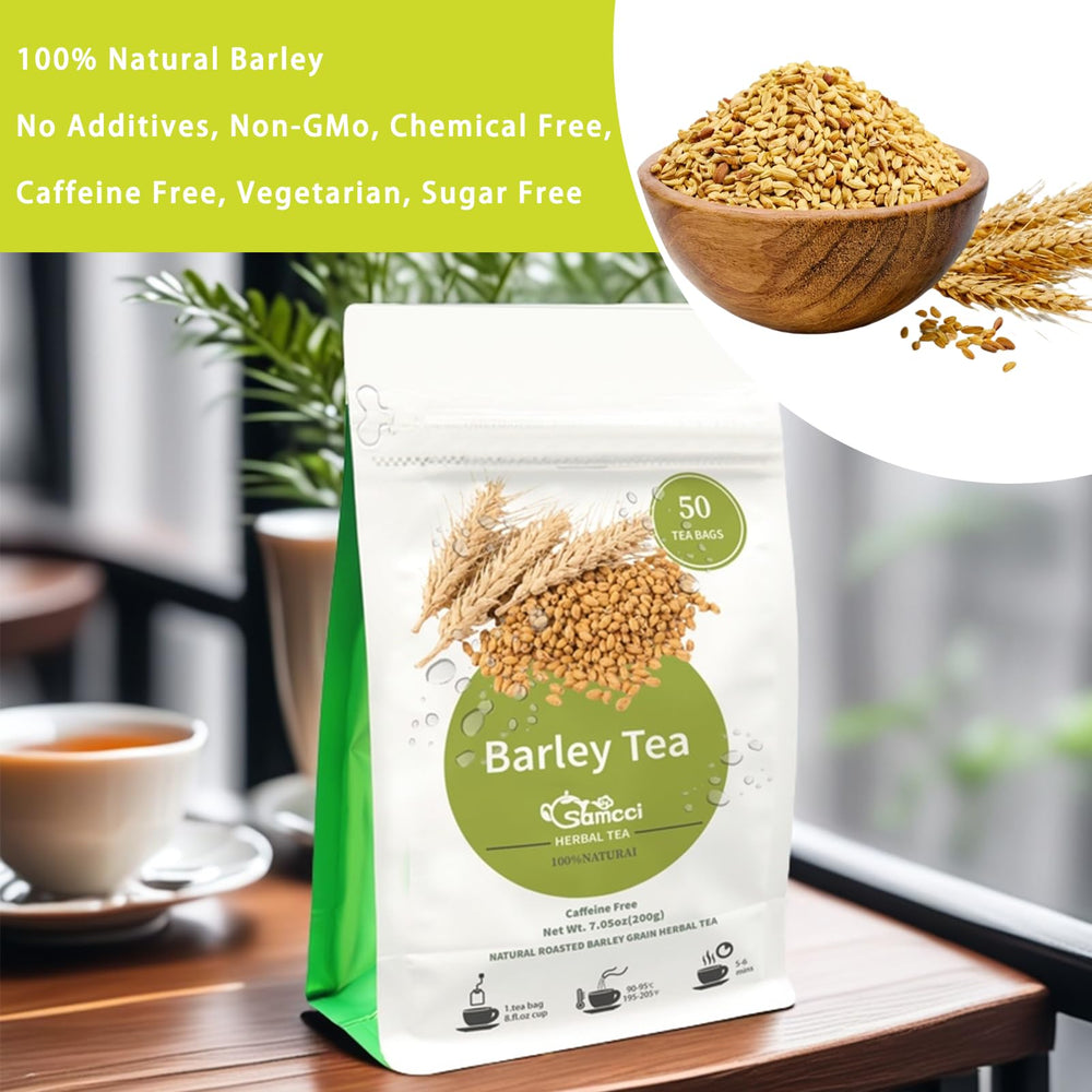SAMCCI barley tea cup of hot brew showcasing nutty aroma and amber color.