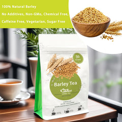 SAMCCI barley tea cup of hot brew showcasing nutty aroma and amber color.