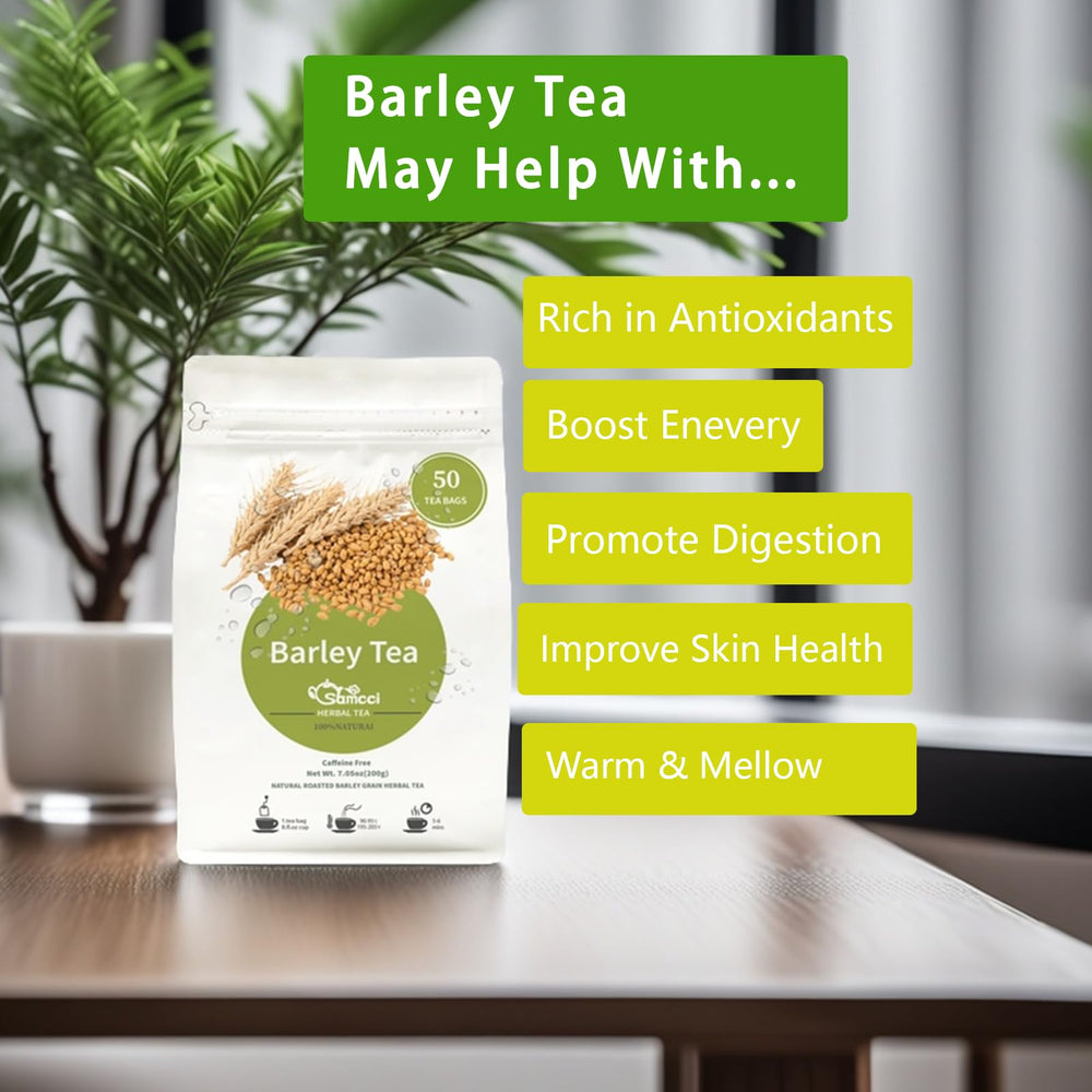 SAMCCI barley tea glass with ice highlighting versatile hot or iced serving.