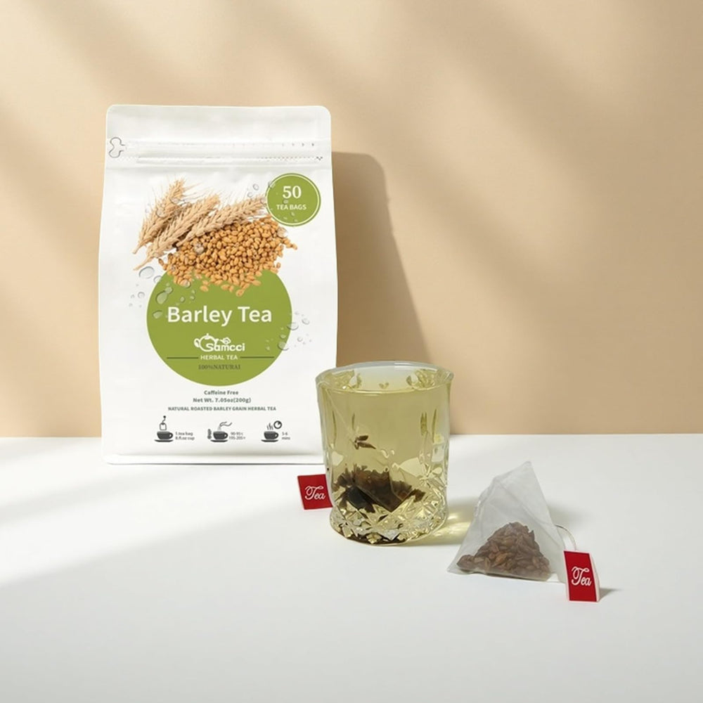 SAMCCI barley tea packaging badge shows caffeine-free, sugar-free options for mindful sipping.