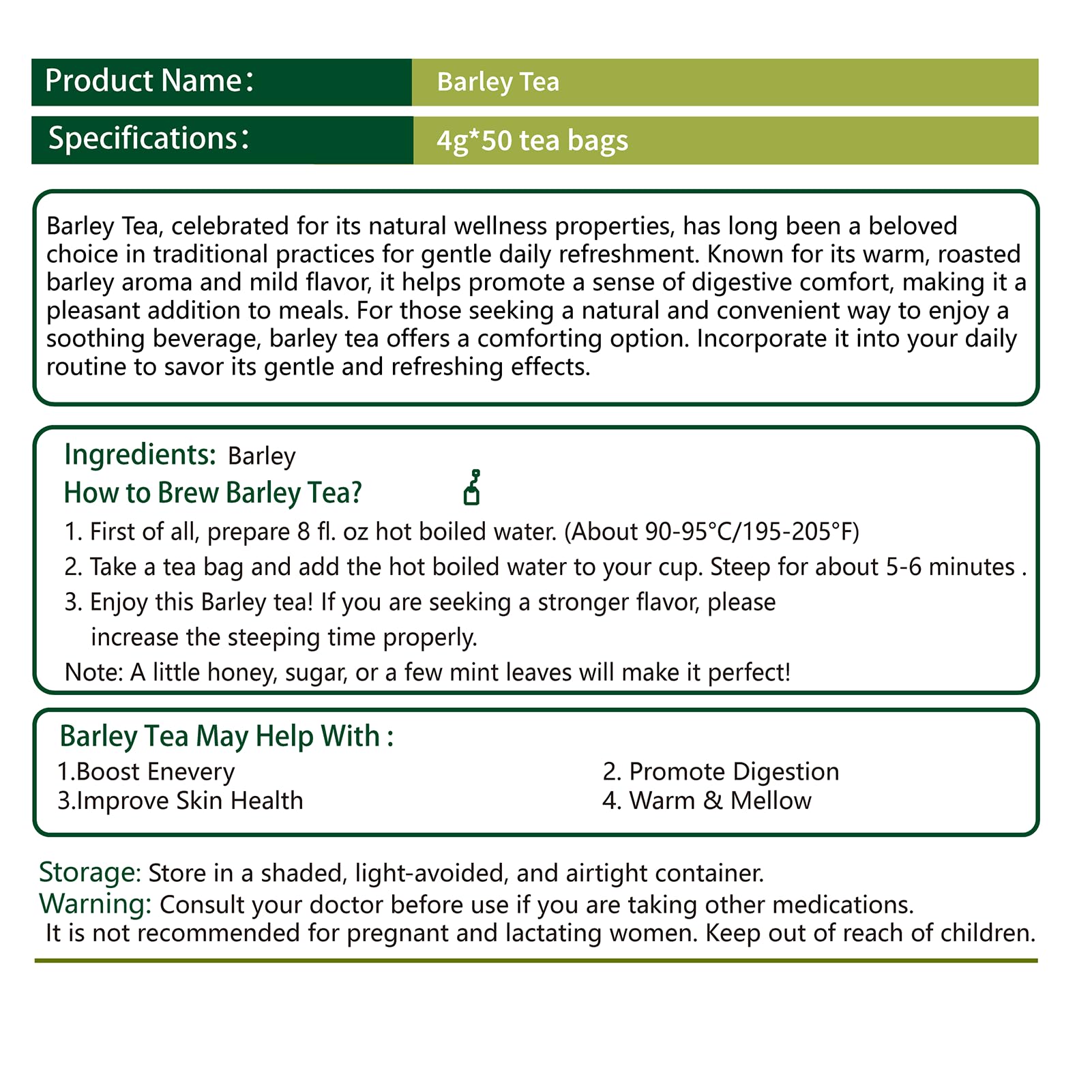 SAMCCI barley tea packaging closeup highlighting non-GMO label and premium quality.
