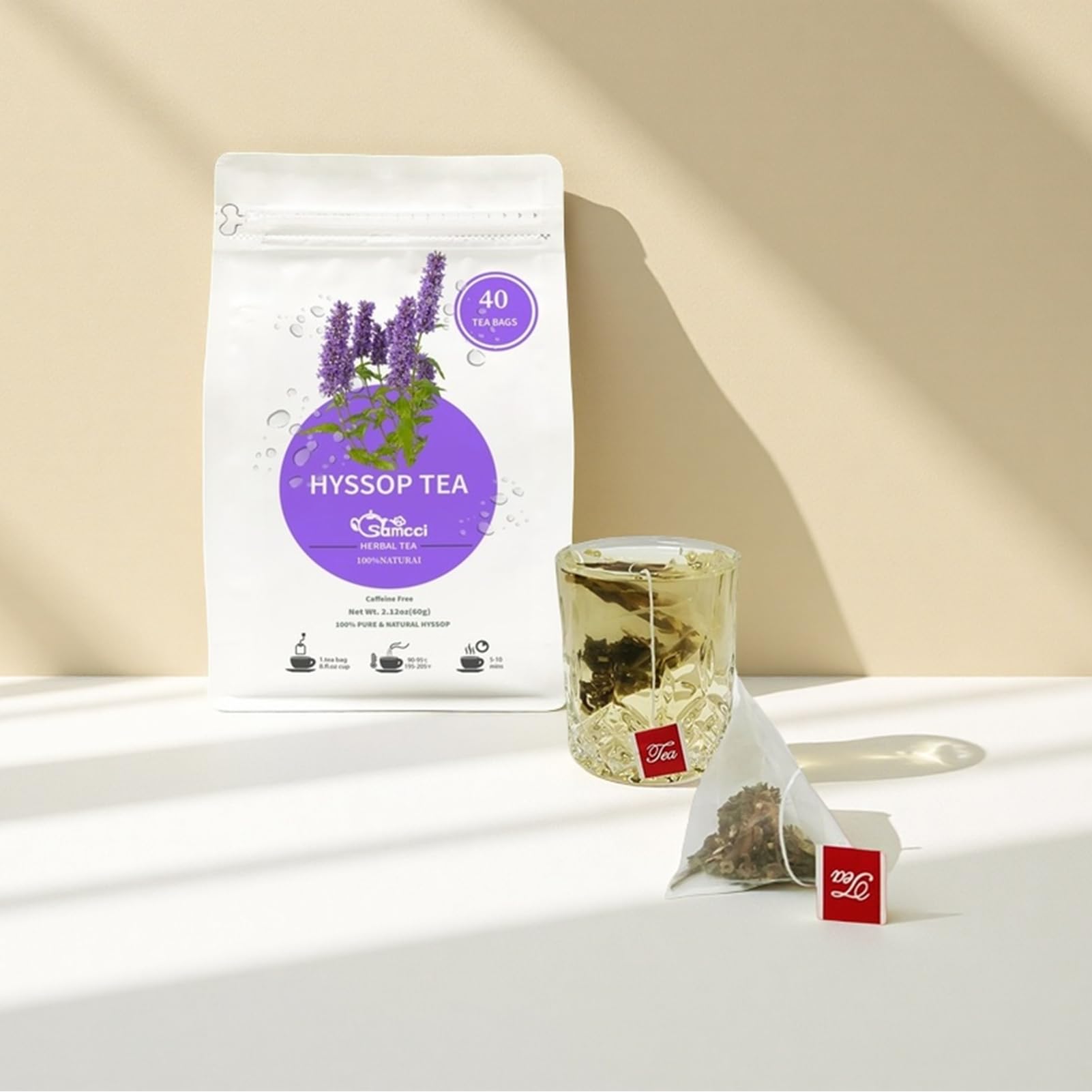 Samcci Hyssop Tea package emphasizes no additives or preservatives.