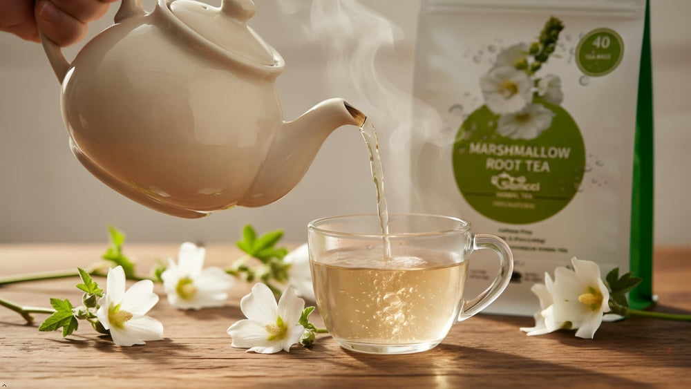 SAMCCI Marshmallow Root Tea ingredients panel emphasizing natural roots