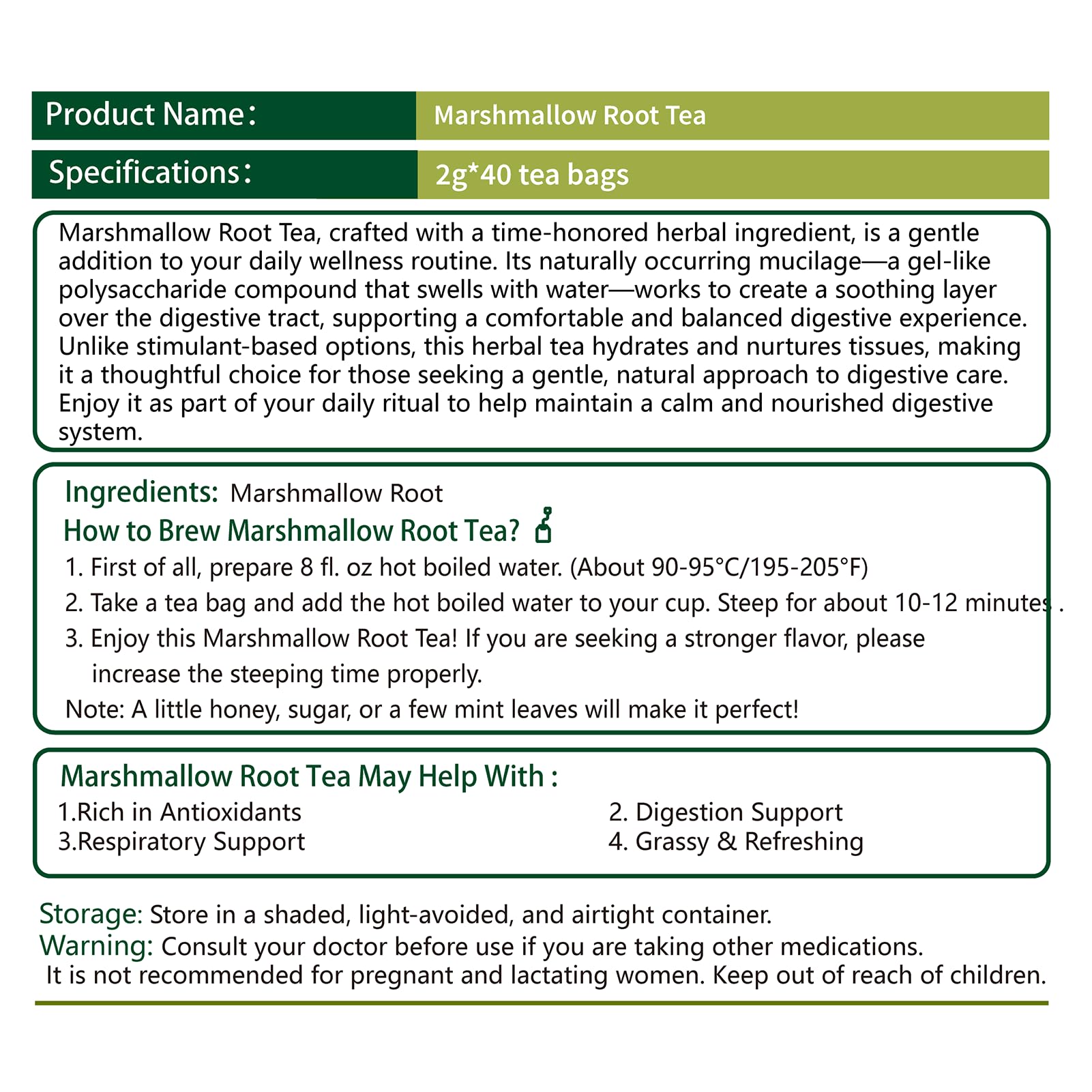 SAMCCI Marshmallow Root Tea no-sugar claim on packaging
