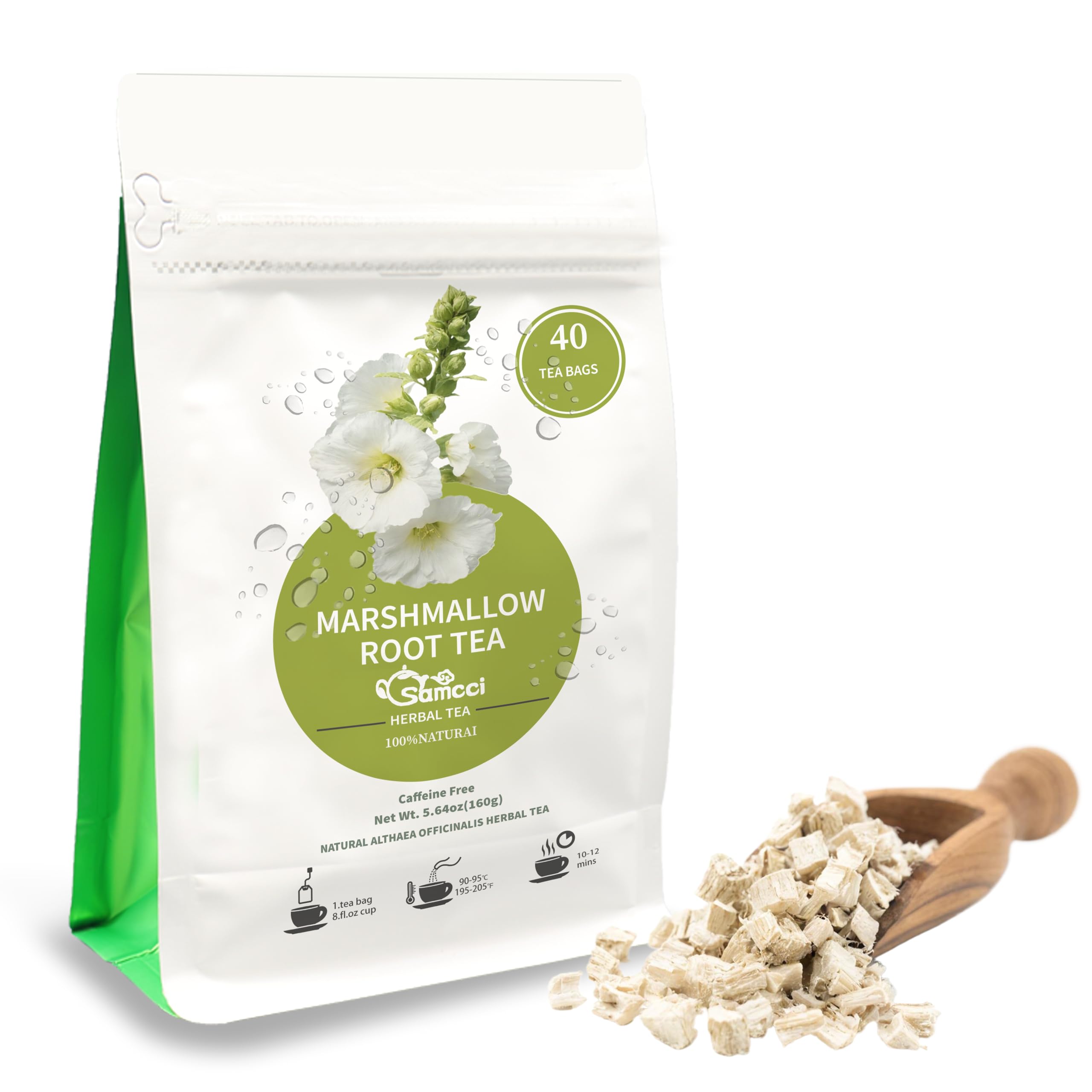 SAMCCI Marshmallow Root Tea packaging highlighting natural ingredients and purity
