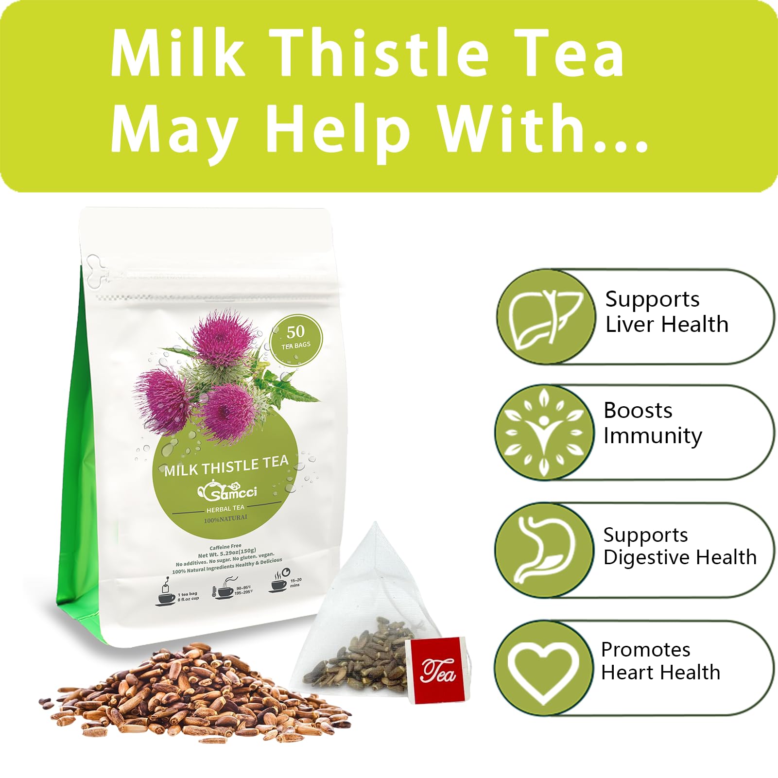 Steeping SAMCCI Milk Thistle Tea Bags in a cup reveals earthy, caffeine-free flavor