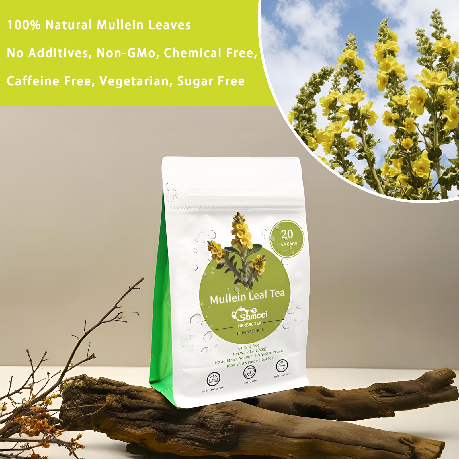 SAMCCI mullein tea bag steeping in hot water for soothing warmth and mucus comfort.
