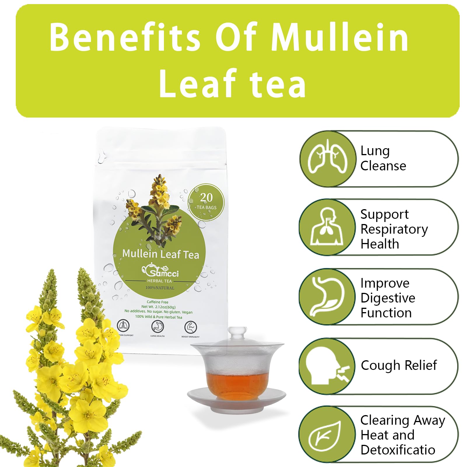 SAMCCI mullein tea bag with cup and lemon suggesting throat comfort and refreshment.