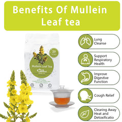 SAMCCI mullein tea bag with cup and lemon suggesting throat comfort and refreshment.
